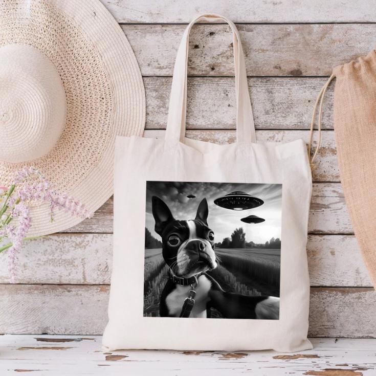 Boston Terrier Graphic Selfie With UFOs Weird Aliens Canvas Tote Bag, gift for family, gift for coworker