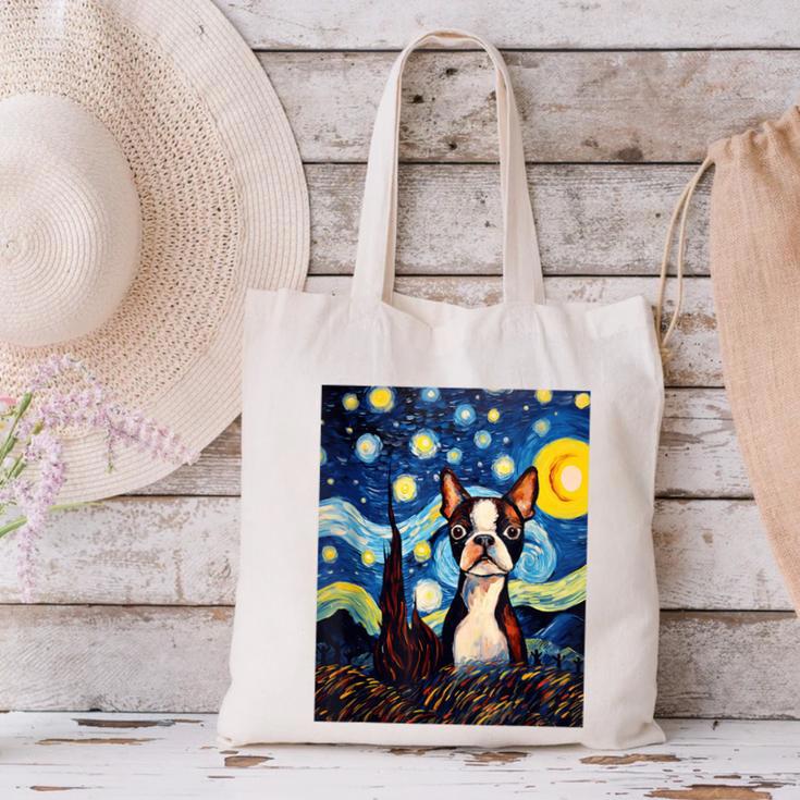 Boston Terrier Starry Night Van Gogh Art Canvas Tote Bag, gift for family, gift for coworker