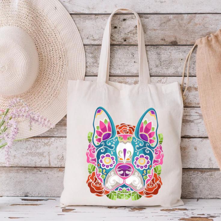 Boston Terrier Sugar Skull Dog Day Of The Dead Canvas Tote Bag, gift for family, gift for coworker