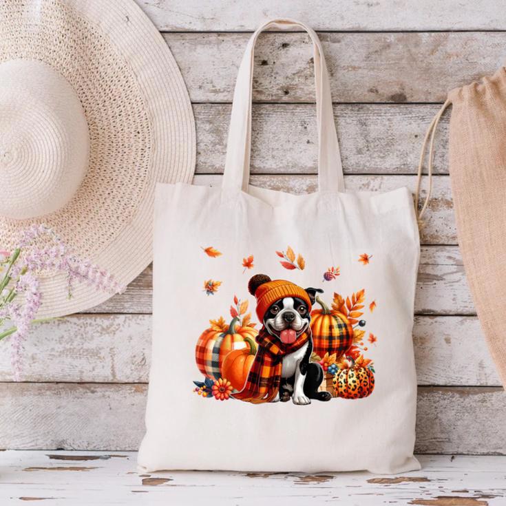 Boston Terrier Thanksgiving Leopard Pumpkins Fall Leaves Canvas Tote Bag, Boston Terrier Thanksgiving Tote Bags, gift for family, gift for coworker