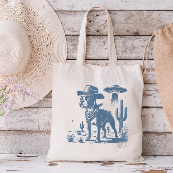 Boston Terrier UFO Cowboy Dog Dog Mom Dog Dad Alien Dog Canvas Tote Bag, Boston Terrier Mom Tote Bags, Boston Terrier Dad Tote Bags, gift for family, gift for coworker