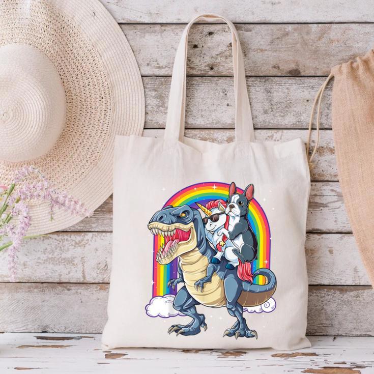 Boston Terrier Unicorn Riding Dinosaur T-Rex Girls Rainbow Canvas Tote Bag, Boston Terrier Riding Tote Bags, gift for family, gift for coworker