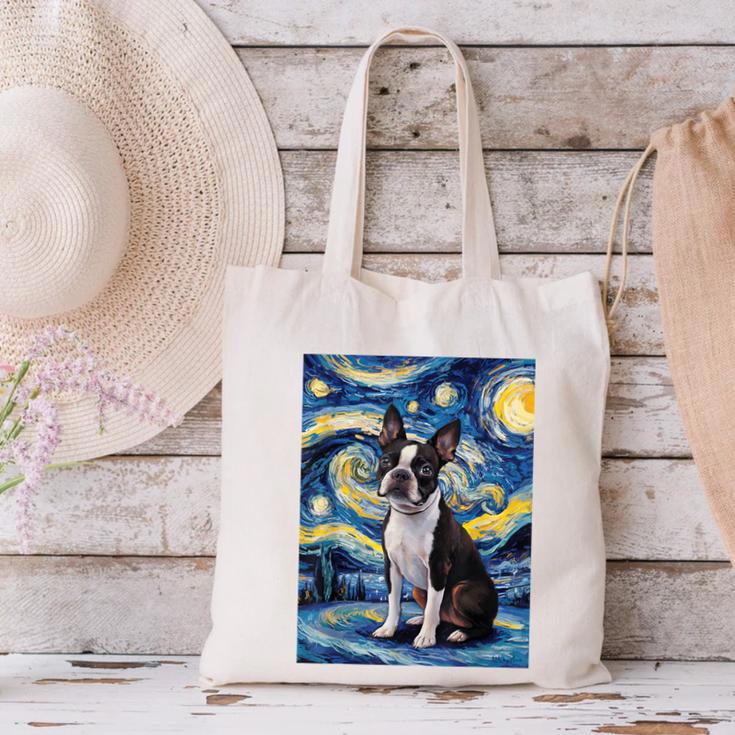 Boston Terrier Van Gogh Starry Night Canvas Tote Bag, gift for family, gift for coworker
