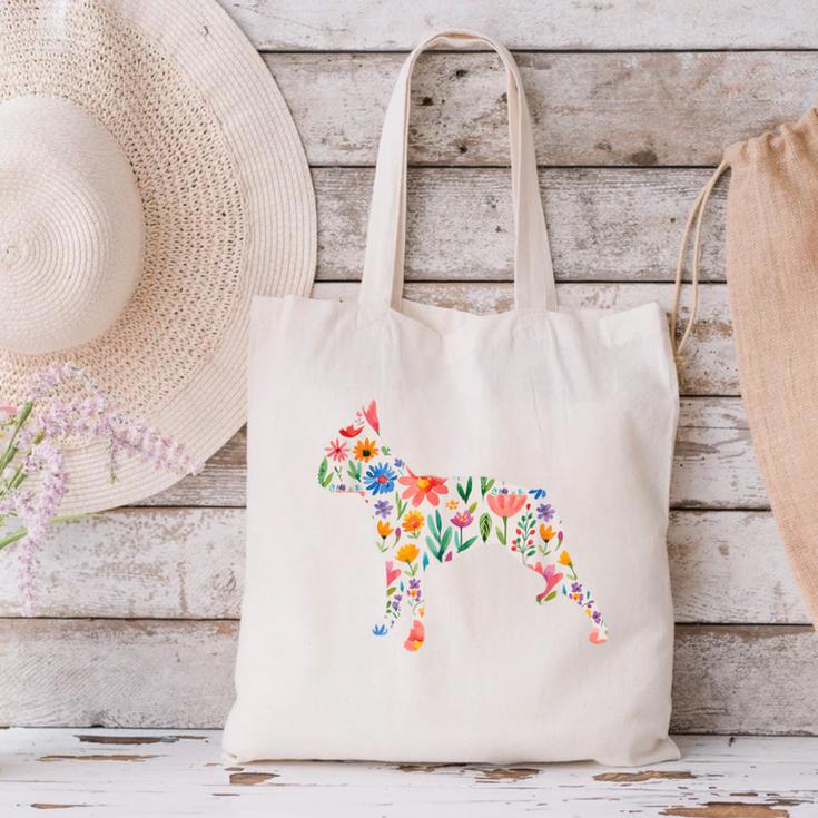 Boston Terrier Watercolor Flowers Canvas Tote Bag, gift for family, gift for coworker