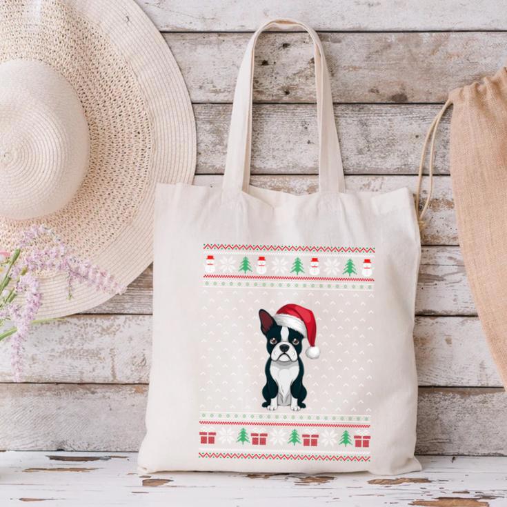 Boston Terrier Wearing Santa Hat Ugly Xmas Dog Lovers Canvas Tote Bag, gift for family, gift for coworker