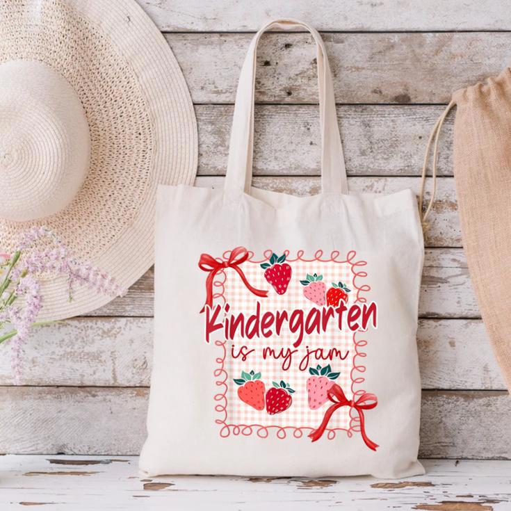 Bow Strawberry Kindergarten Is My Jam Teacher Kinder Team Canvas Tote Bag, gift for family, gift for coworker Bow Strawberry Kindergarten Is My Jam Teacher Kinder Team Canvas Tote Bag, gift for family, gift for coworker