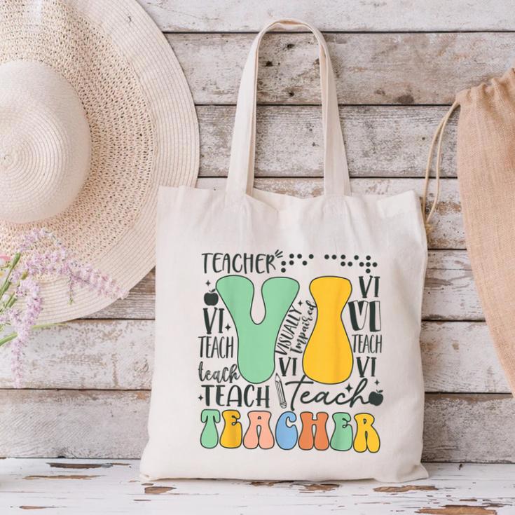 Braille Teacher Of The Visually Impaired Groovy VI Teacher Canvas Tote Bag, Groovy Teacher Tote Bags, gift for family, gift for coworker Braille Teacher Of The Visually Impaired Groovy VI Teacher Canvas Tote Bag, Groovy Teacher Tote Bags, gift for family, gift for coworker