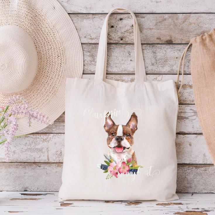 Brown Boston Terrier With Flowers And Feathers Canvas Tote Bag, gift for family, gift for coworker