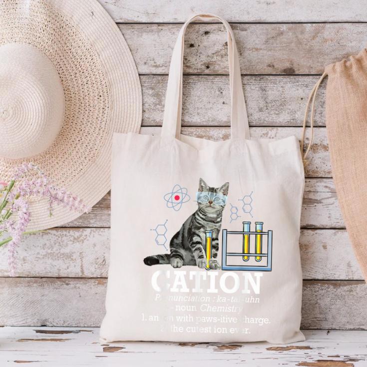 Cation Chemistry Humor Science Teacher Cat Pun Canvas Tote Bag, Science Teacher Tote Bags, gift for family, gift for coworker
