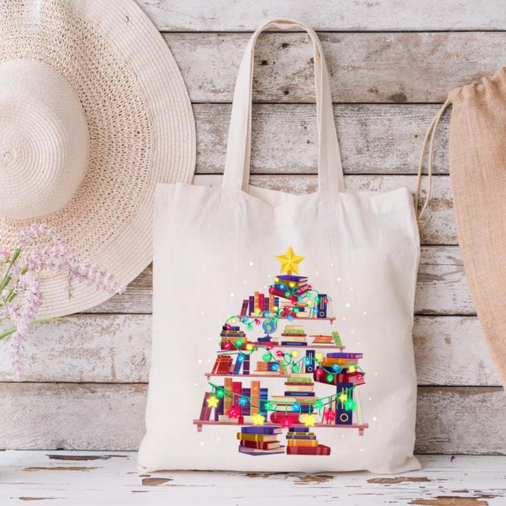 Christmas Library Tree Love Reading Books Nerd Teacher Canvas Tote Bag, gift for family, gift for coworker Christmas Library Tree Love Reading Books Nerd Teacher Canvas Tote Bag, gift for family, gift for coworker