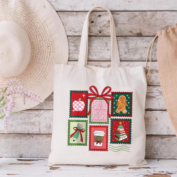 Christmas Teacher Stamps Canvas Tote Bag, gift for family, gift for coworker