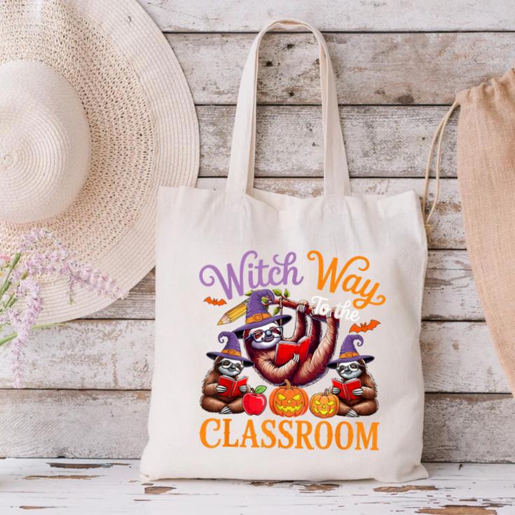 Way To Classroom Halloween Witch Three Cute Sloths Teacher Canvas Tote Bag, gift for family, gift for coworker