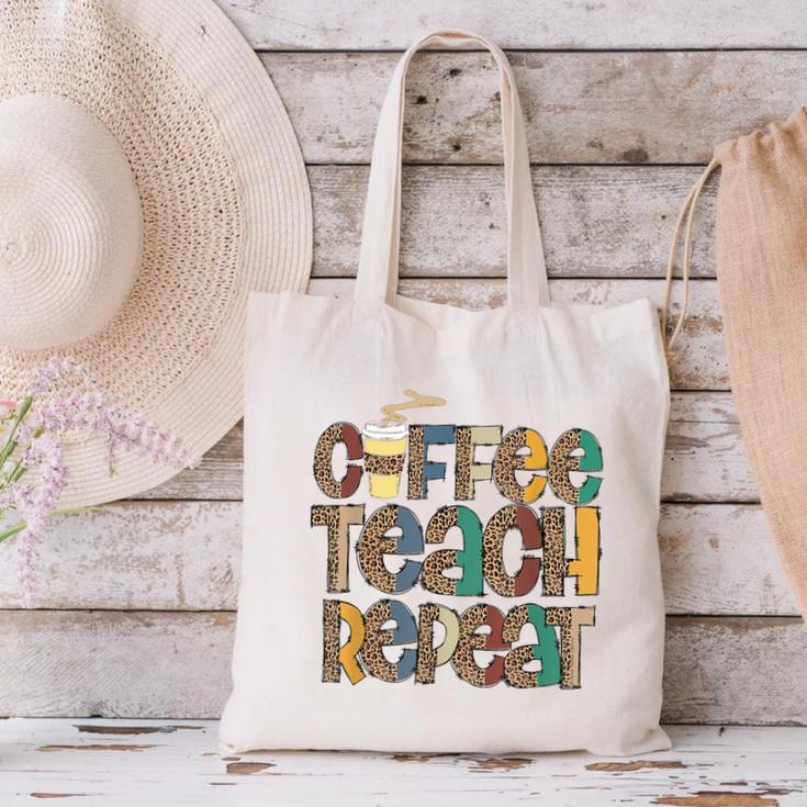 Coffee Teach Repeat Leopard Print Back To School Teachers Canvas Tote Bag, gift for family, gift for coworker Coffee Teach Repeat Leopard Print Back To School Teachers Canvas Tote Bag, gift for family, gift for coworker