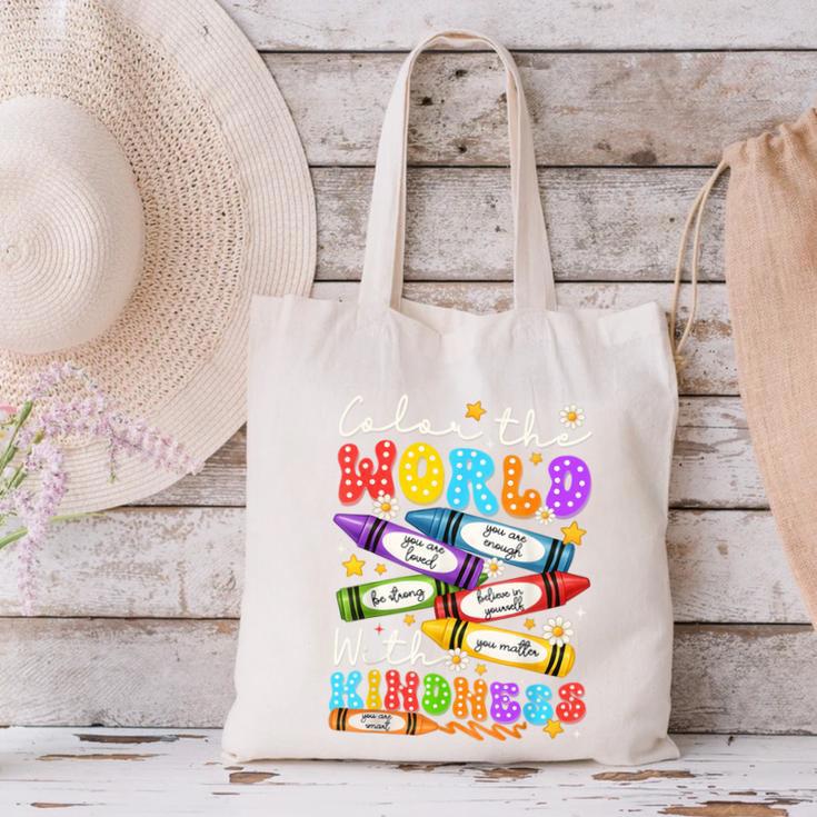 Color The World With Kindness Crayon Positivity Teacher Canvas Tote Bag, gift for family, gift for coworker