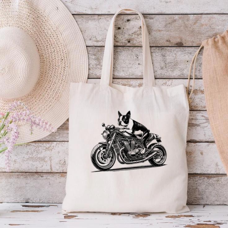 Cool Boston Terrier Riding a Motorcycle Biker Dog Lover For Men Women Kids Canvas Tote Bag, Boston Terrier Riding Tote Bags, gift for family, gift for coworker
