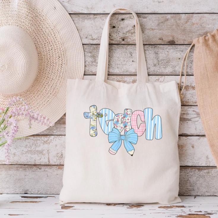 Coquette Bow Teach Teacher Happy First Day Back To School Canvas Tote Bag, gift for family, gift for coworker Coquette Bow Teach Teacher Happy First Day Back To School Canvas Tote Bag, gift for family, gift for coworker