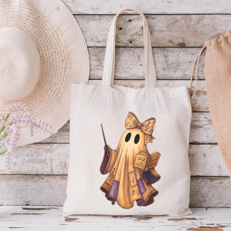 Coquette Music Note Patchwork Ghost Music Teacher Halloween Canvas Tote Bag, gift for family, gift for coworker