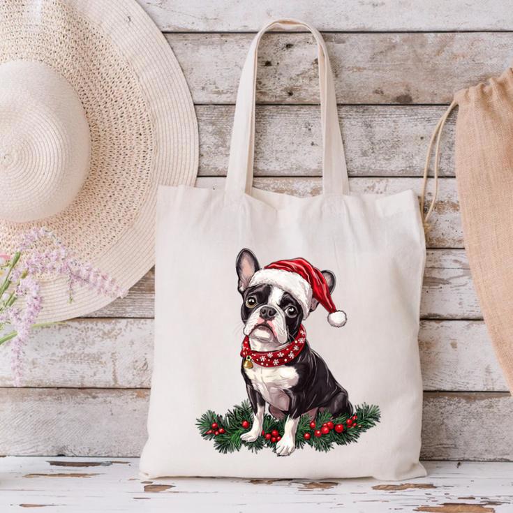 Cute Boston Terrier Dog Christmas Merry X-Mas Graphic Canvas Tote Bag, Boston Terrier Christmas Tote Bags, gift for family, gift for coworker