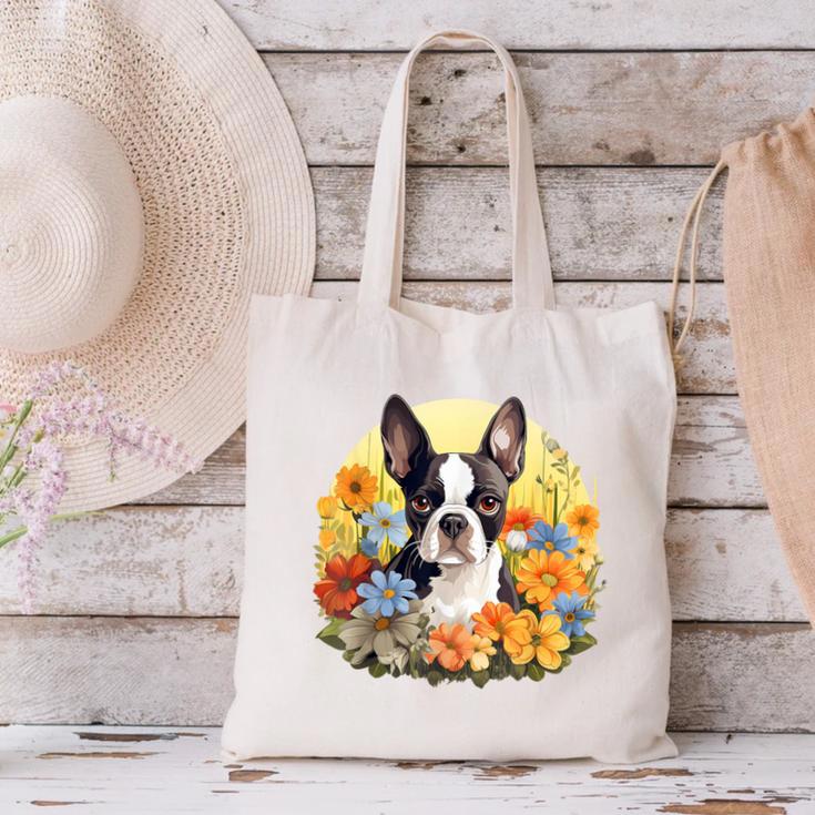 Cute Boston Terrier Spring Flower Garden Colorful Puppy Dog Canvas Tote Bag, gift for family, gift for coworker