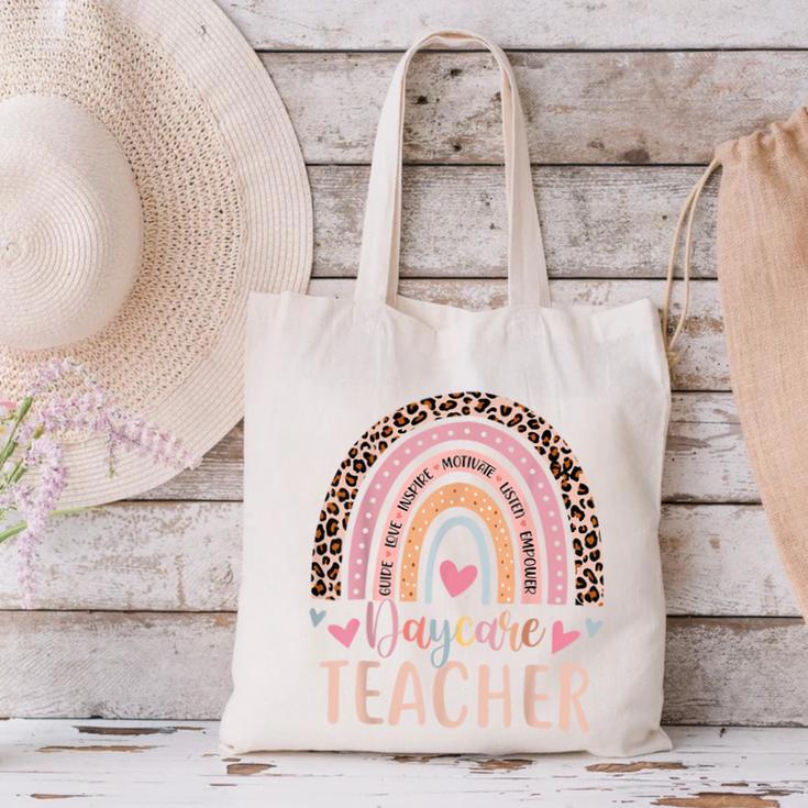 Cute Daycare Teacher Rainbow Leopard Print Childcare Worker Canvas Tote Bag, gift for family, gift for coworker