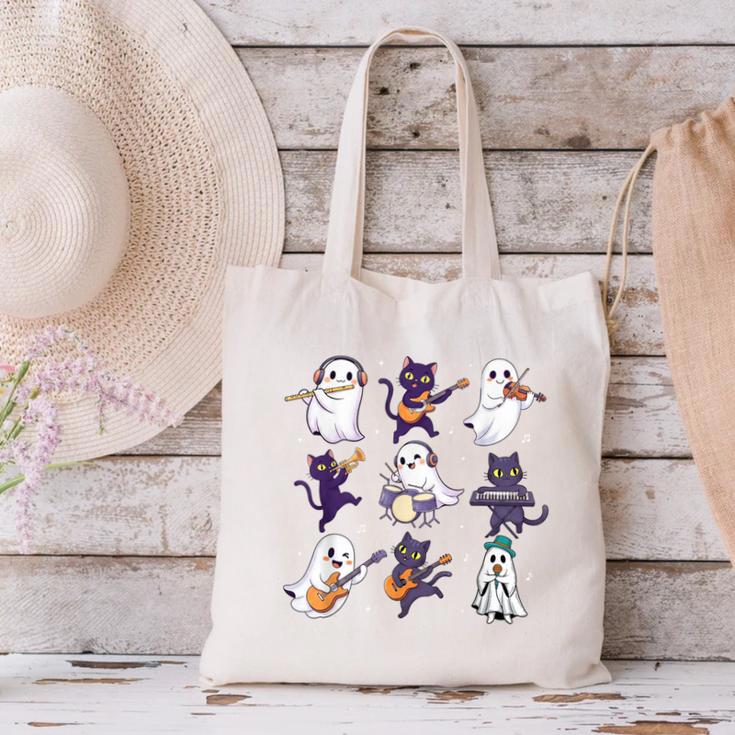Cute Ghost Cat Playing Musical Halloween Music Teacher Canvas Tote Bag, gift for family, gift for coworker