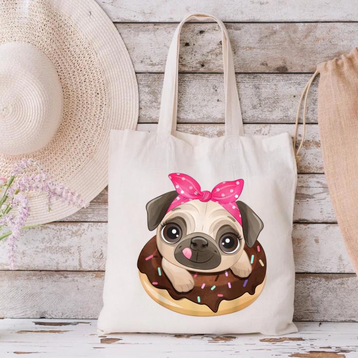 Cute Pug Shirt Donut Girls Dog Canvas Tote Bag, gift for family, gift for coworker