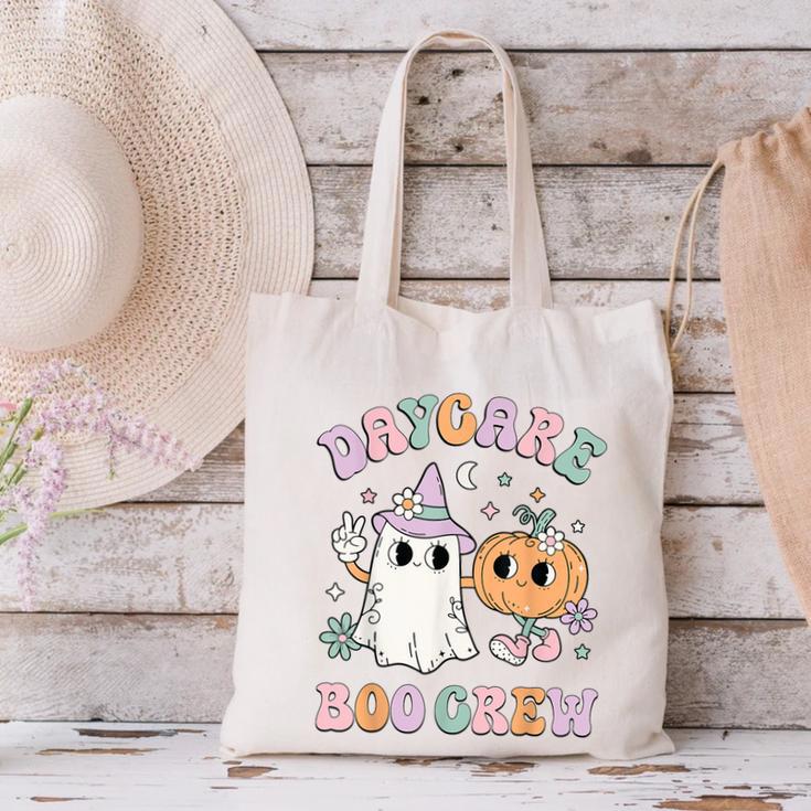 Daycare Boo Crew Groovy Halloween Floral Ghost Kid Teacher Canvas Tote Bag, Groovy Teacher Tote Bags, gift for family, gift for coworker
