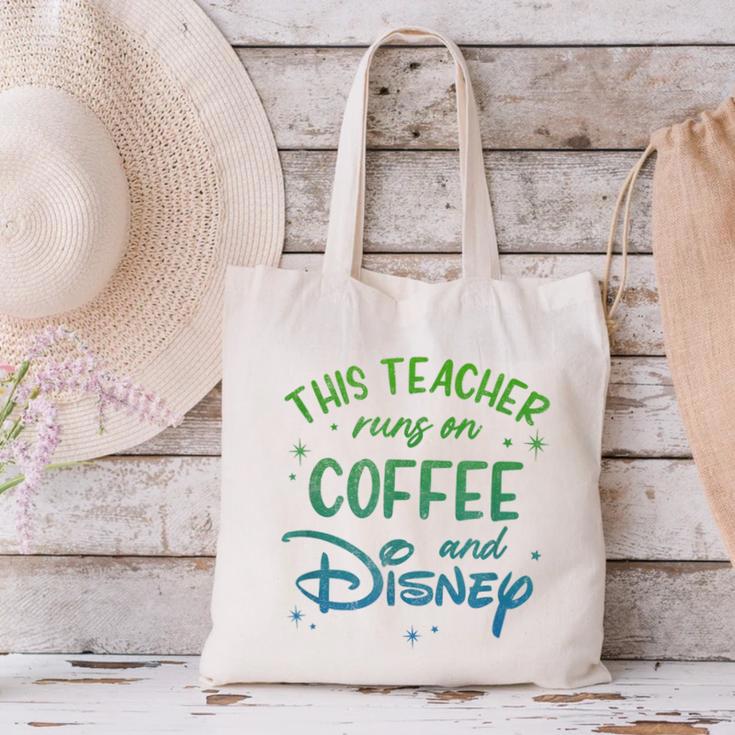 Disney This Teacher Runs On Coffee And Disney Gradient Logo Canvas Tote Bag, gift for family, gift for coworker