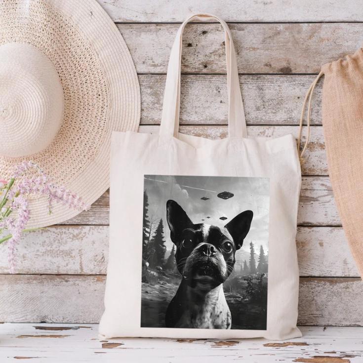 Dog Mom Dad Alien Selfie Boston Terrier UFO For Men Women Canvas Tote Bag, Boston Terrier Mom Tote Bags, Boston Terrier Dad Tote Bags, gift for family, gift for coworker
