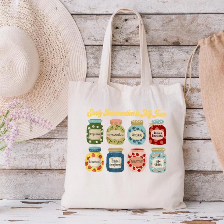 Early Intervention Is My Jam Early Intervention Teacher Canvas Tote Bag, gift for family, gift for coworker Early Intervention Is My Jam Early Intervention Teacher Canvas Tote Bag, gift for family, gift for coworker