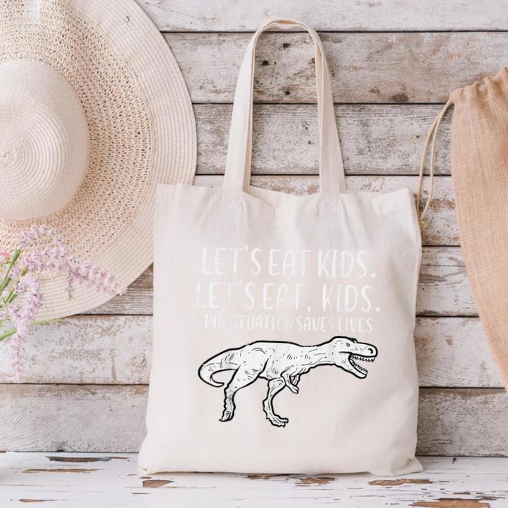 Lets Eat Kids Punctuation Saves Lives Dino Teacher Men Canvas Tote Bag, gift for family, gift for coworker Lets Eat Kids Punctuation Saves Lives Dino Teacher Men Canvas Tote Bag, gift for family, gift for coworker