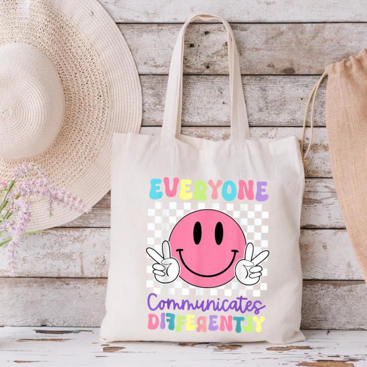Everyone Communicates Differently Autism Awareness Teacher Canvas Tote Bag, gift for family, gift for coworker