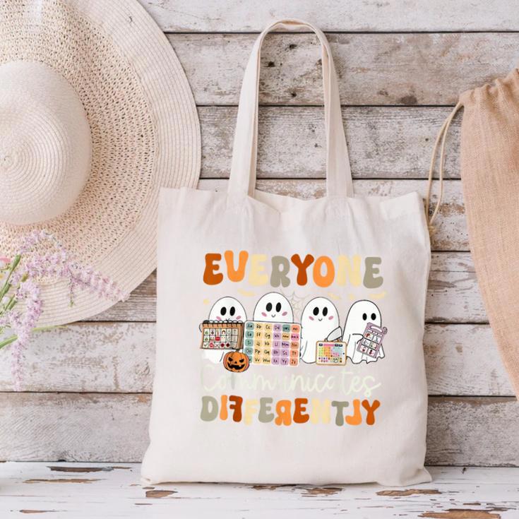 Everyone Communicates Differently Halloween Sped Teacher Canvas Tote Bag, gift for family, gift for coworker