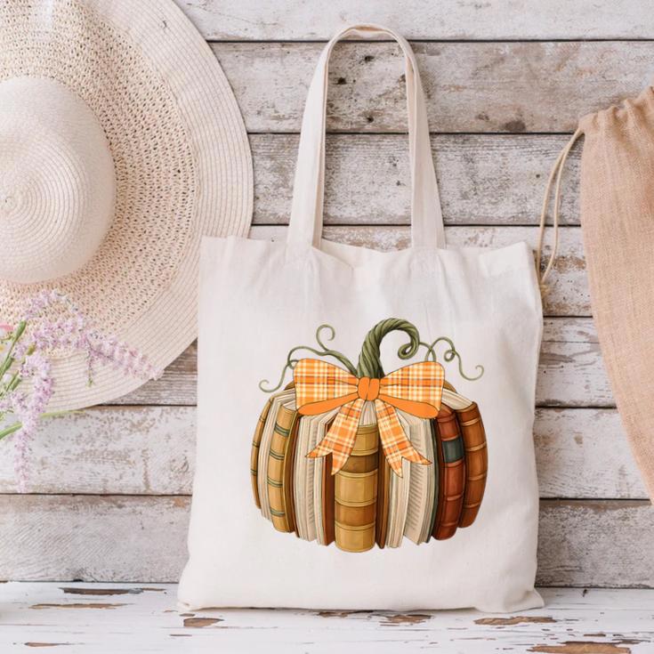 Fall Book Pumpkin Halloween Teacher Librarian Thanksgiving Canvas Tote Bag, gift for family, gift for coworker