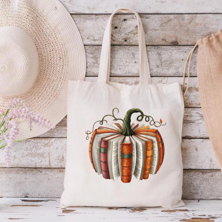 Fall Book Pumpkin Retro Reading Halloween Teacher Librarian Canvas Tote Bag, gift for family, gift for coworker