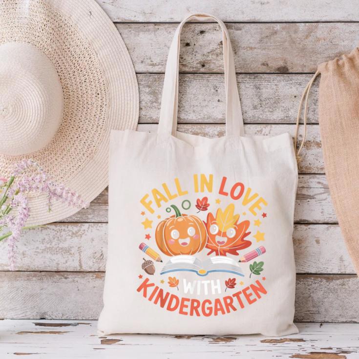 Fall In Love With Kindergarten Autumn Kindergarten Teacher Canvas Tote Bag, gift for family, gift for coworker