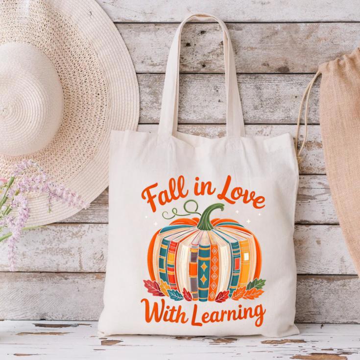 Fall In Love With Learning Book Lover Autumn Pumpkin Teacher Canvas Tote Bag, gift for family, gift for coworker Fall In Love With Learning Book Lover Autumn Pumpkin Teacher Canvas Tote Bag, gift for family, gift for coworker