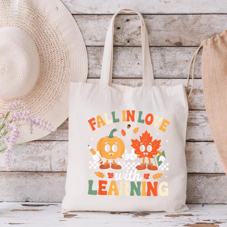 Fall In Love With Learning Shirt Autumn Thanksgiving Teacher Canvas Tote Bag, gift for family, gift for coworker