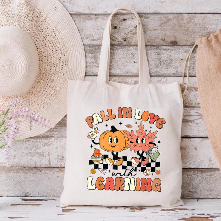Fall In Love With Learning Teacher Retro Thanksgiving Canvas Tote Bag, gift for family, gift for coworker Fall In Love With Learning Teacher Retro Thanksgiving Canvas Tote Bag, gift for family, gift for coworker