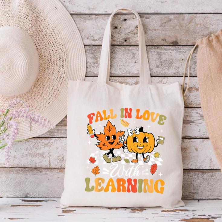Fall In Love With Learning Fall Teacher Thanksgiving Retro Canvas Tote Bag, gift for family, gift for coworker Fall In Love With Learning Fall Teacher Thanksgiving Retro Canvas Tote Bag, gift for family, gift for coworker