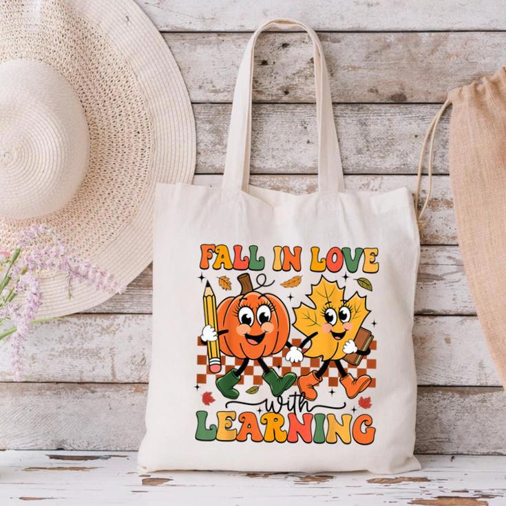 Fall In Love With Learning Thanksgiving Teacher Student Canvas Tote Bag, gift for family, gift for coworker Fall In Love With Learning Thanksgiving Teacher Student Canvas Tote Bag, gift for family, gift for coworker