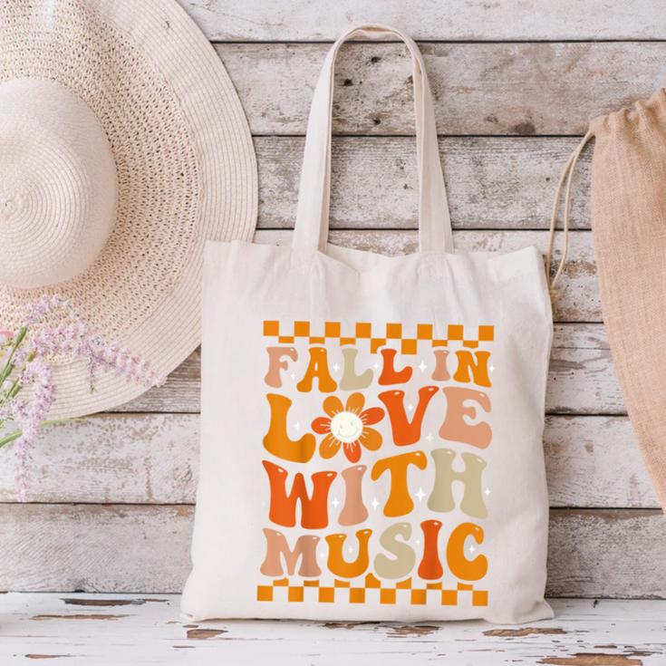 Fall In Love With Music Groovy Thanksgiving Music Teacher Men Women Girls Kids Canvas Tote Bag, Groovy Teacher Tote Bags, gift for family, gift for coworker
