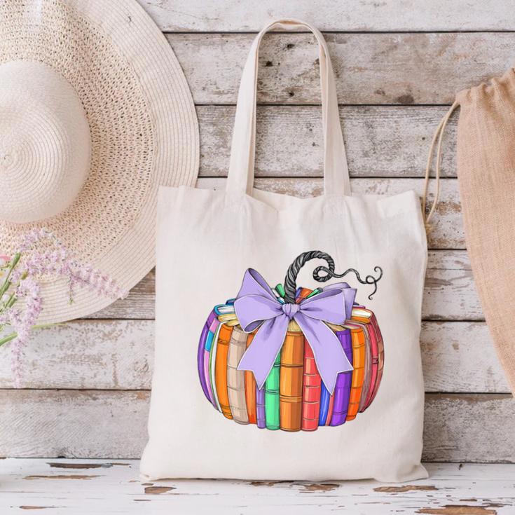 Fall Pumpkin Books Lover Halloween Teacher Teaching Staff Canvas Tote Bag, gift for family, gift for coworker