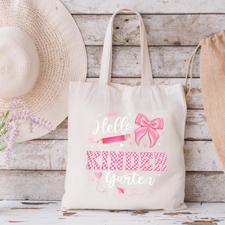 First Day Of School Teacher Girl Coquette Hello Kindergarten Canvas Tote Bag, gift for family, gift for coworker First Day Of School Teacher Girl Coquette Hello Kindergarten Canvas Tote Bag, gift for family, gift for coworker