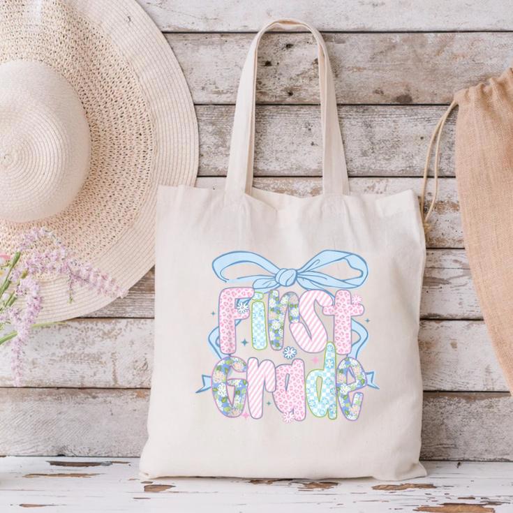 First Grade Coquette Bow Girls Teacher Team 1st Grade Squad Canvas Tote Bag, First Grade Teacher Tote Bags, gift for family, gift for coworker