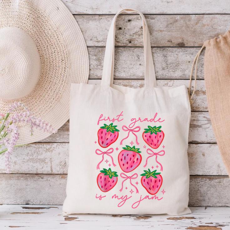 First Grade Is My Jam Strawberry First Grade Teacher Women Canvas Tote Bag, First Grade Teacher Tote Bags, gift for family, gift for coworker First Grade Is My Jam Strawberry First Grade Teacher Women Canvas Tote Bag, First Grade Teacher Tote Bags, gift for family, gift for coworker