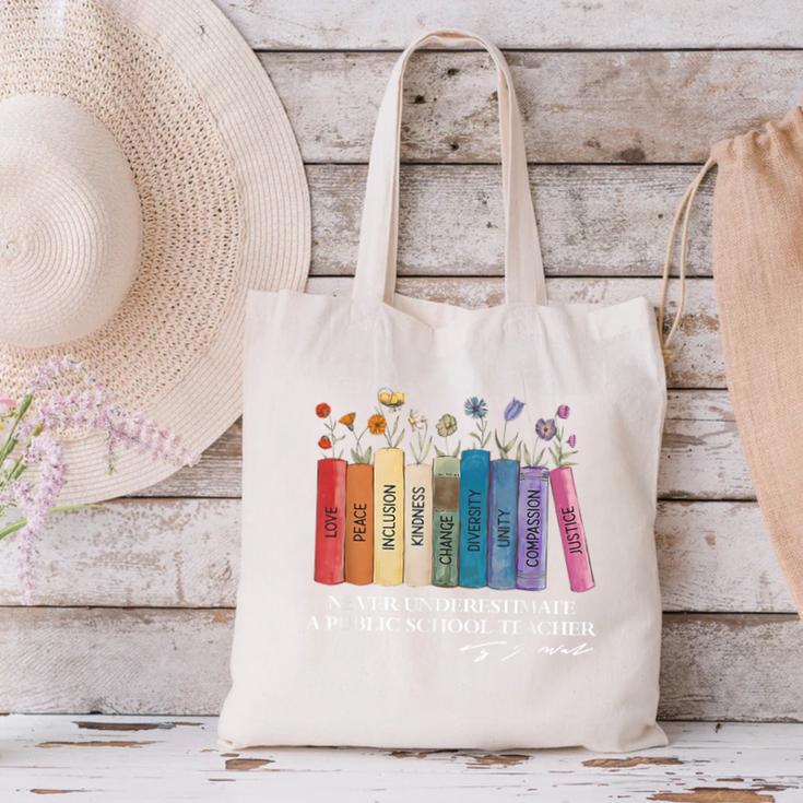 Floral Books Never Underestimate A Public School Teacher Canvas Tote Bag, gift for family, gift for coworker