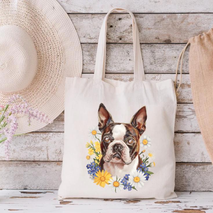 Floral Boston Terrier Canvas Tote Bag, gift for family, gift for coworker
