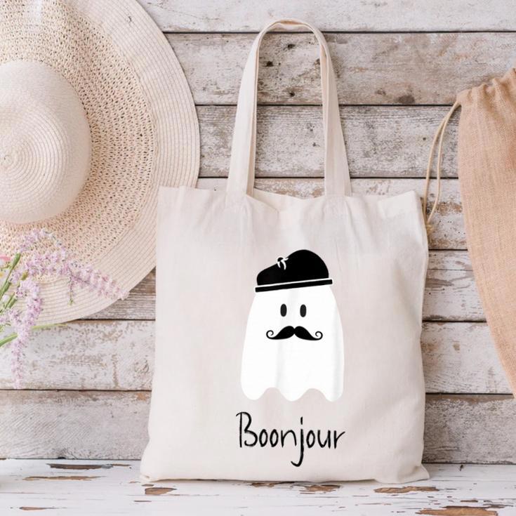 French Teacher Halloween Bonjour Ghost Canvas Tote Bag, gift for family, gift for coworker French Teacher Halloween Bonjour Ghost Canvas Tote Bag, gift for family, gift for coworker