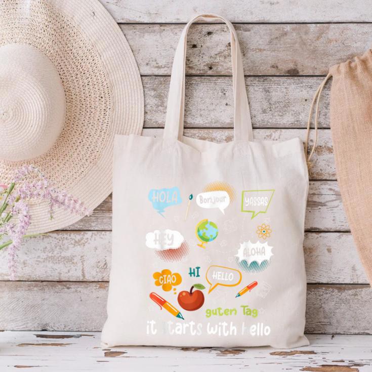 Friendship Inclusion Language Teacher It Starts With Hello Canvas Tote Bag, gift for family, gift for coworker Friendship Inclusion Language Teacher It Starts With Hello Canvas Tote Bag, gift for family, gift for coworker